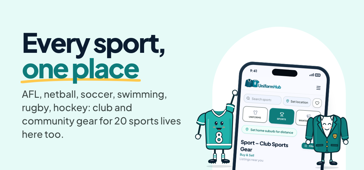 Every sport, one place: club and community gear for 20 sports. The UniformHub app's Sports feed on a phone, with the #8 jersey and blazer mascots.