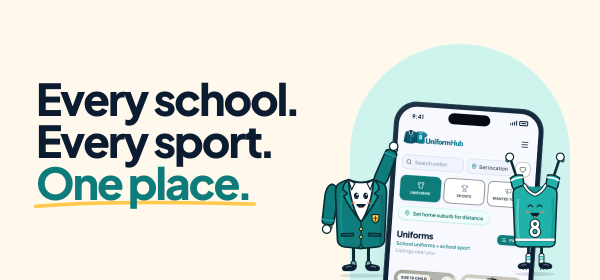 UniformHub: Every school. Every sport. One place. The UniformHub app's Uniforms feed on a phone, with the blazer and #8 jersey mascots.