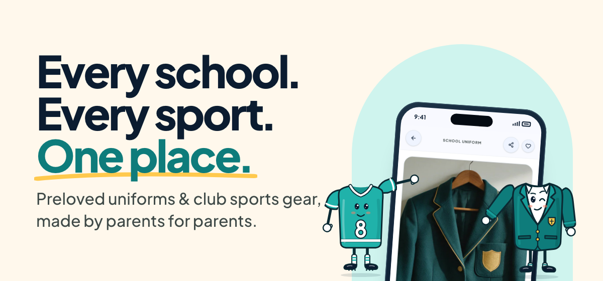 UniformHub: Every school. Every sport. One place. Preloved uniforms and club sports gear, made by parents for parents. A UniformHub listing on a phone, with the mascots.